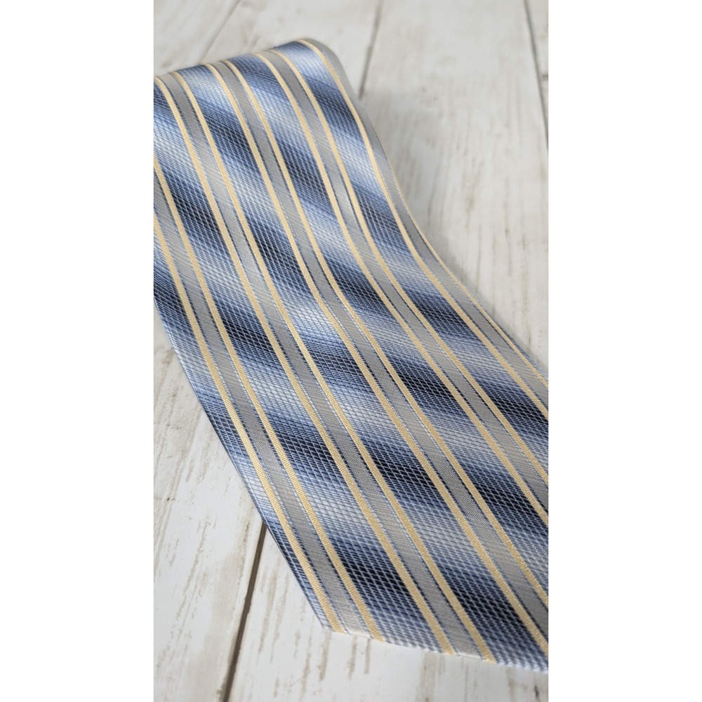 ALEXIANO Mens Necktie 100% Silk Blue Gray Yellow Striped Tie 3.75"‎